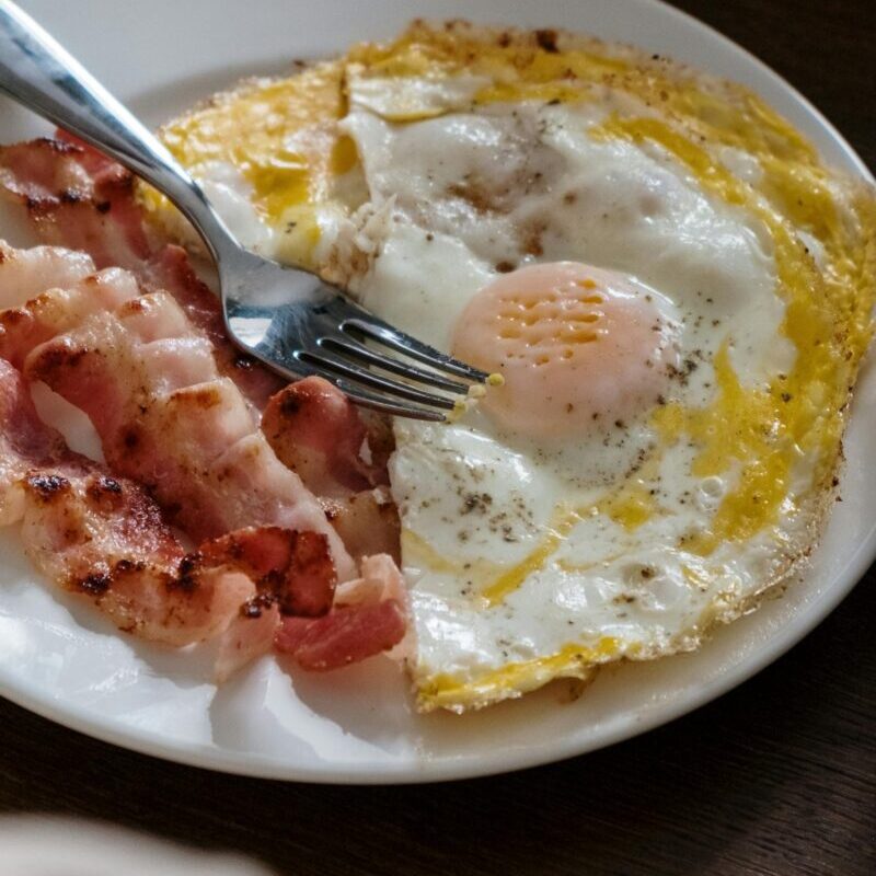 A hearty breakfast plate with fried eggs and crispy bacon, perfect start to the day.